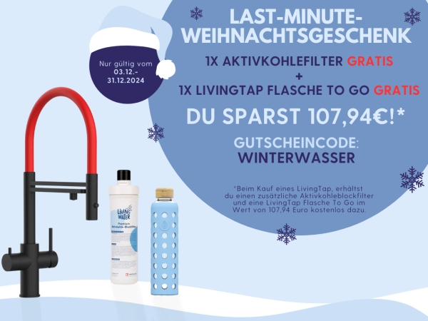 Gutschein: 1x Premium-Aktivkohle-Blockfilter + 1x LivingTap To Go Flasche blau