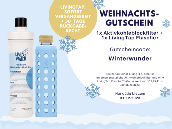 Gutschein: 1x Premium-Aktivkohle-Blockfilter + 1x LivingTap To Go Flasche blau